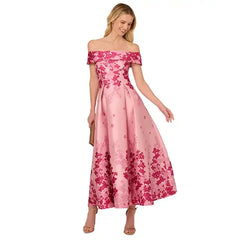 Adrianna Papell Women's Floral Print Off The Shoulder Dress for Elegant Summer Style , Pink Multi