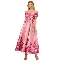 Adrianna Papell Women's Floral Print Off The Shoulder Dress for Elegant Summer Style , Pink Multi