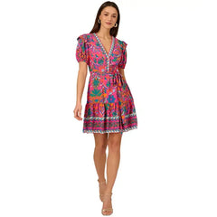 Adrianna Papell Women's Printed Puff Sleeve Mini Dress for a Trendy and Feminine Look, Hot Pink Multi