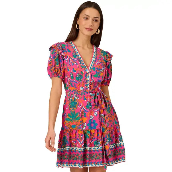 Adrianna Papell Women's Printed Puff Sleeve Mini Dress for a Trendy and Feminine Look, Hot Pink Multi