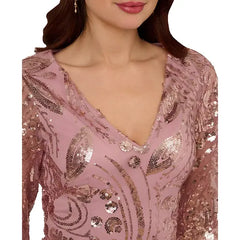 Adrianna Papell Womens Sequin Embellished Blouson Sleeve Sheath Dress, Glamorous Style for Formal Occasions, Dusty Rose