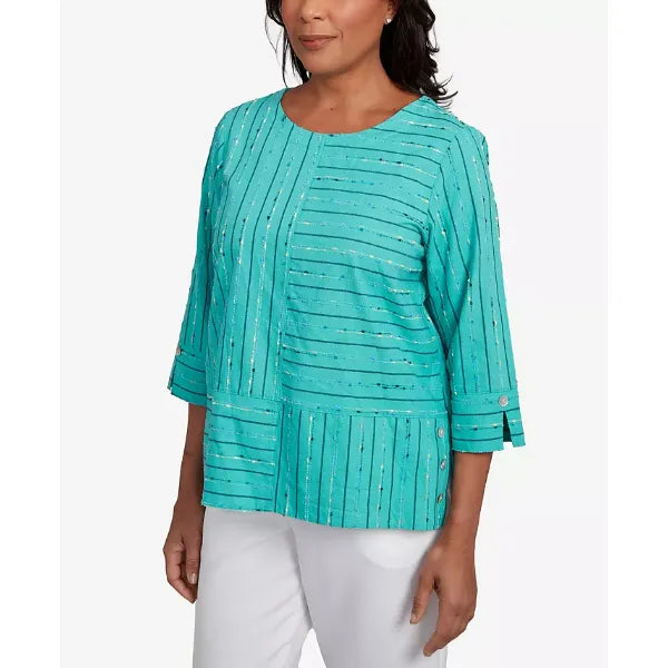 Alfred Dunner Women's Nantucket Spliced Jacquard Texture Crew Neck Top, Jade