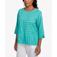 Alfred Dunner Women's Nantucket Spliced Jacquard Texture Crew Neck Top, Jade