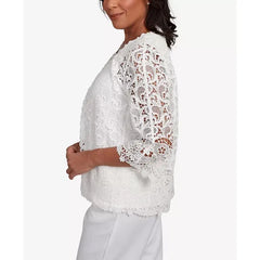 Alfred Dunner Women's Estate of Mind Embellished Lace Two in One Crew Neck Top , Oyster