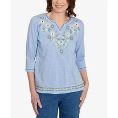 Alfred Dunner Women's Flower Power Embroidered Daisy Split Neckline Top, Blue