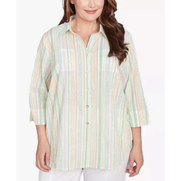 Alfred Dunner Plus Size Rise and Shine Sunny Stripes Button Down Top, Lime Multi