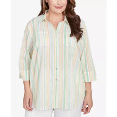 Alfred Dunner Plus Size Rise and Shine Sunny Stripes Button Down Top, Lime Multi