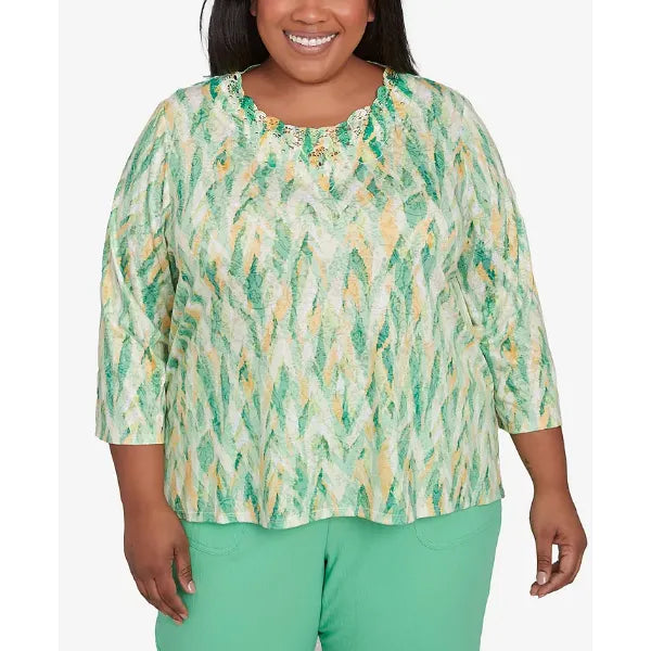 Alfred Dunner Plus Size Rise and Shine Bright Textured Strokes Embellished Top, Lime Multi