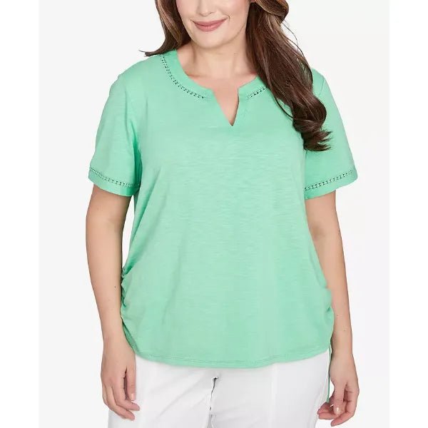 Alfred Dunner Plus Size Rise and Shine Dot Lace Trimmed Short Sleeve Top, Lime, Size 3X