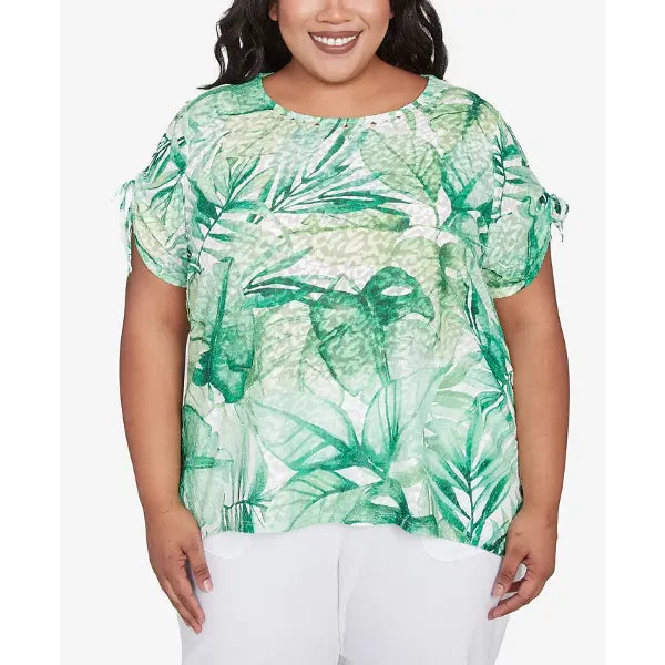 Alfred Dunner Plus Size Rise and Shine Monotone Tropical Leaf Top, Lime