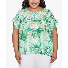 Alfred Dunner Plus Size Rise and Shine Monotone Tropical Leaf Top, Lime