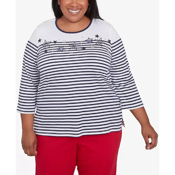 Alfred Dunner Plus Size Land of The Free Striped Star-Studded Crew Neck Top, Navy Multi
