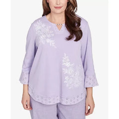 Alfred Dunner Plus Size Crystal Springs Floral Embroidered Eyelet Sleeve Top, Lilac