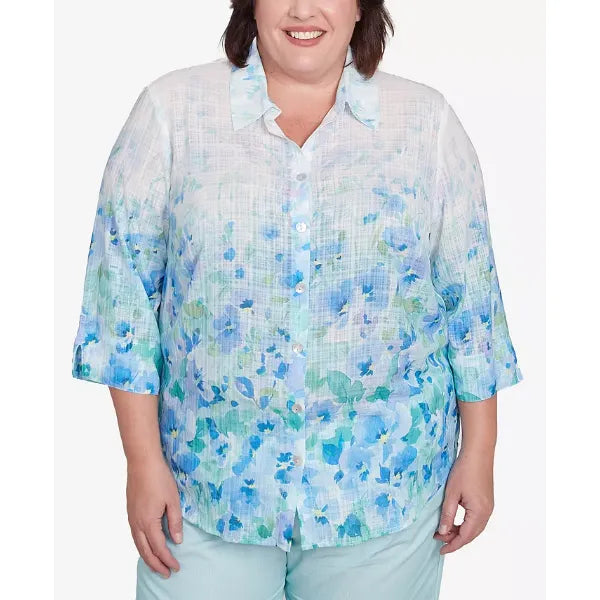 Alfred Dunner Plus Size St. Thomas Border Floral Button Down Top, Sky Blue Multi