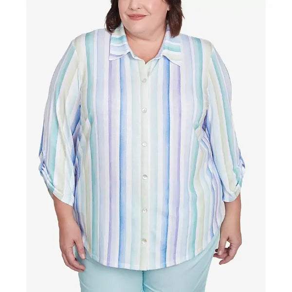 Alfred Dunner Plus Size St. Thomas Island Mint Stripe Knit Button Front Top, Mint Multi