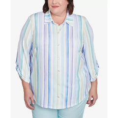 Alfred Dunner Plus Size St. Thomas Island Mint Stripe Knit Button Front Top, Mint Multi
