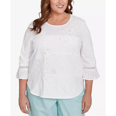 Alfred Dunner Plus Size St. Thomas Lace Patchwork Embellished Sleeve Top, White