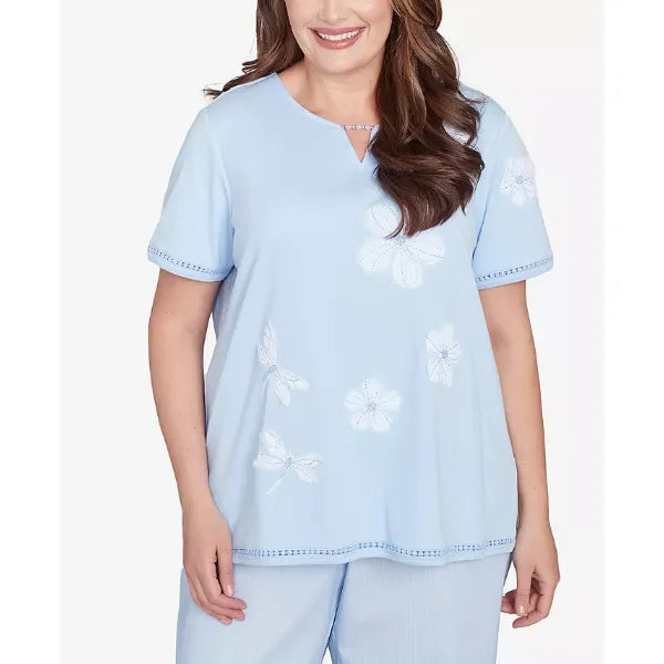 Alfred Dunner Plus Size St. Thomas Dragonfly Flower Applique Crew Neck Top, Sky Blue, Size 1X