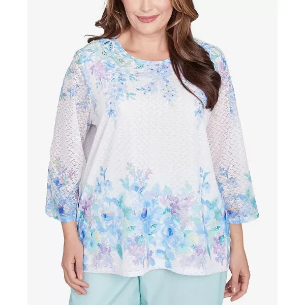 Alfred Dunner Plus Size St. Thomas Textured Sky Blue Floral Border Top, Sky Blue Multi
