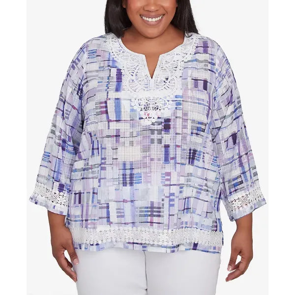 Alfred Dunner Plus Size Crystal Springs Watercolor Plaid Lace Neck Top, Lilac