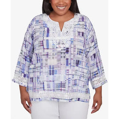 Alfred Dunner Plus Size Crystal Springs Watercolor Plaid Lace Neck Top, Lilac