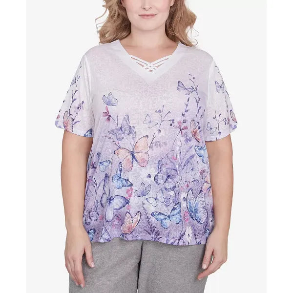 Alfred Dunner Plus Size Crystal Springs Criss Cross Ombre Butterfly Top, Lilac