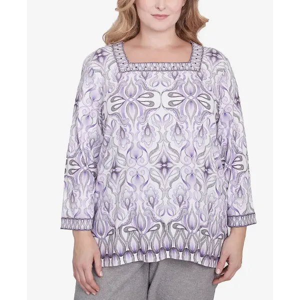Alfred Dunner Plus Size Crystal Springs Border Square Neck Top, Lilac Multi