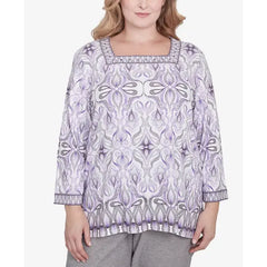 Alfred Dunner Plus Size Crystal Springs Border Square Neck Top, Lilac Multi