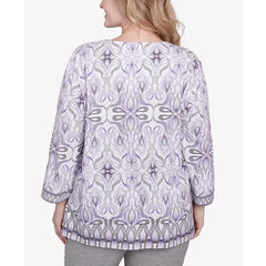 Alfred Dunner Plus Size Crystal Springs Border Square Neck Top, Lilac Multi