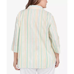 Alfred Dunner Plus Size Rise and Shine Sunny Stripes Button Down Top, Lime Multi