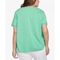 Alfred Dunner Plus Size Rise and Shine Dot Lace Trimmed Short Sleeve Top, Lime, Size 3X