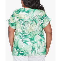 Alfred Dunner Plus Size Rise and Shine Monotone Tropical Leaf Top, Lime