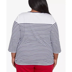 Alfred Dunner Plus Size Land of The Free Striped Star-Studded Crew Neck Top, Navy Multi