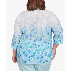Alfred Dunner Plus Size St. Thomas Border Floral Button Down Top, Sky Blue Multi
