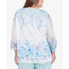 Alfred Dunner Plus Size St. Thomas Textured Sky Blue Floral Border Top, Sky Blue Multi