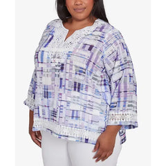 Alfred Dunner Plus Size Crystal Springs Watercolor Plaid Lace Neck Top, Lilac