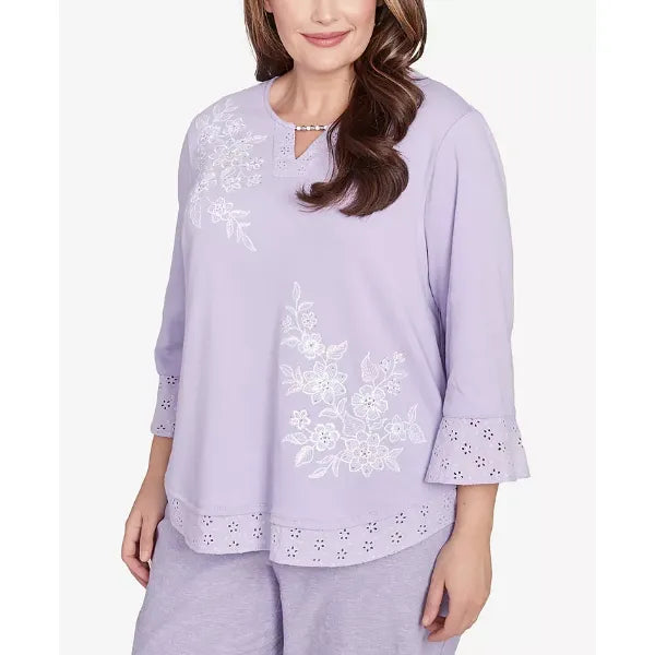 Alfred Dunner Plus Size Crystal Springs Floral Embroidered Eyelet Sleeve Top, Lilac