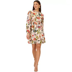 Adrianna Papell Womens Ruffled Floral Fit and Flare Dress, Feminine Style for Special Occasions, Ivory Multi