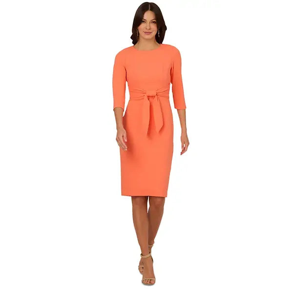 Adrianna Papell Womens Crepe Tie Waist Three Quarter Sleeve Sheath Dress, Elegant Work or Special Occasion Outfit