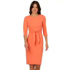 Adrianna Papell Womens Crepe Tie Waist Three Quarter Sleeve Sheath Dress, Elegant Work or Special Occasion Outfit