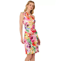 Adrianna Papell Women's Floral-Print One-Shoulder Pleated Dress, Ideal for Elegant Events