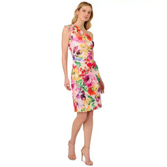 Adrianna Papell Women's Floral-Print One-Shoulder Pleated Dress, Ideal for Elegant Events