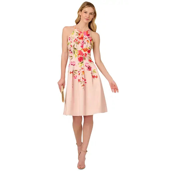 Adrianna Papell Womens Floral Print Pleated Fit and Flare Halter Dress, Elegant Summer Style for Special Occasions, Champagne Multi