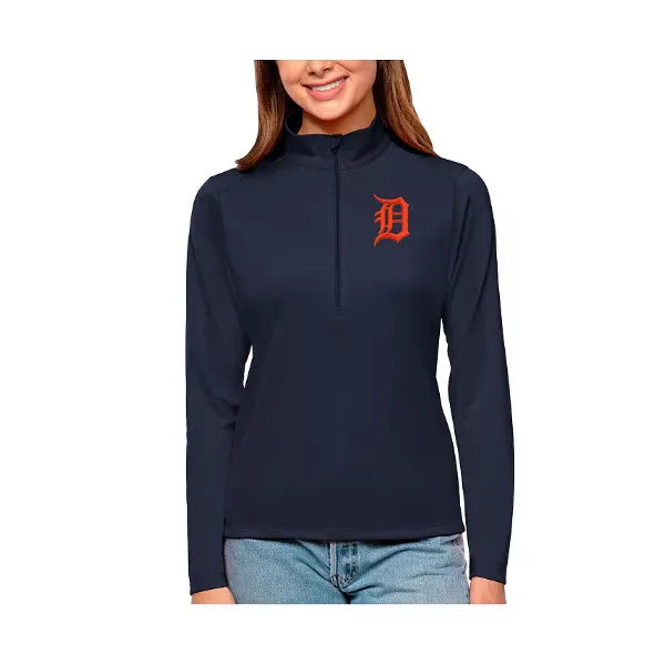 Antigua Women's Navy Detroit Tigers Tribute Quarter-Zip Pullover Top, Navy