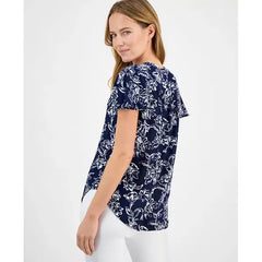 Anne Klein Womens Printed V Neck Flutter Sleeve Tunic, Stylish Comfortable Top for Everyday Wear, Distant Mountain Multi