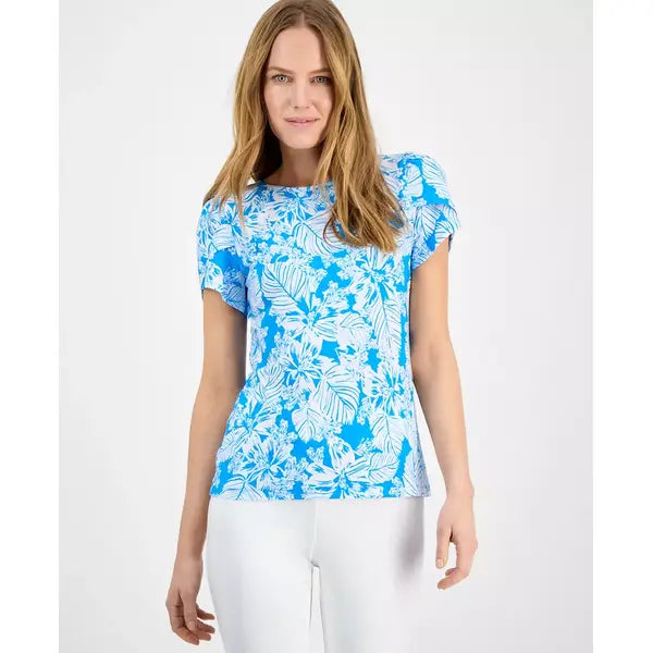 Anne Klein Womens Printed Tulip Sleeve Top, Elegant Comfortable Blouse, Tropical Blue/bright White