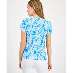 Anne Klein Womens Printed Tulip Sleeve Top, Elegant Comfortable Blouse, Tropical Blue/bright White