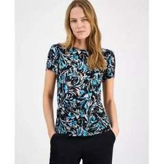 Anne Klein Womens Printed Tulip Sleeve Top, Elegant Lightweight Blouse, Anne Black Multi