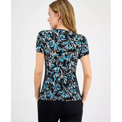 Anne Klein Womens Printed Tulip Sleeve Top, Elegant Lightweight Blouse, Anne Black Multi