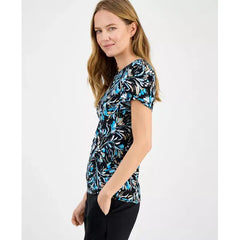 Anne Klein Womens Printed Tulip Sleeve Top, Elegant Lightweight Blouse, Anne Black Multi